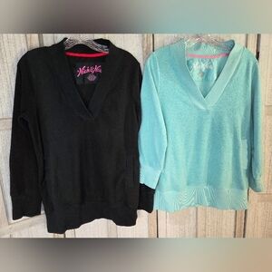 Lot Of 2 Nick & Nora Womens Fleece Pajama/Lounge Tops Size S Aqua/Black Pockets